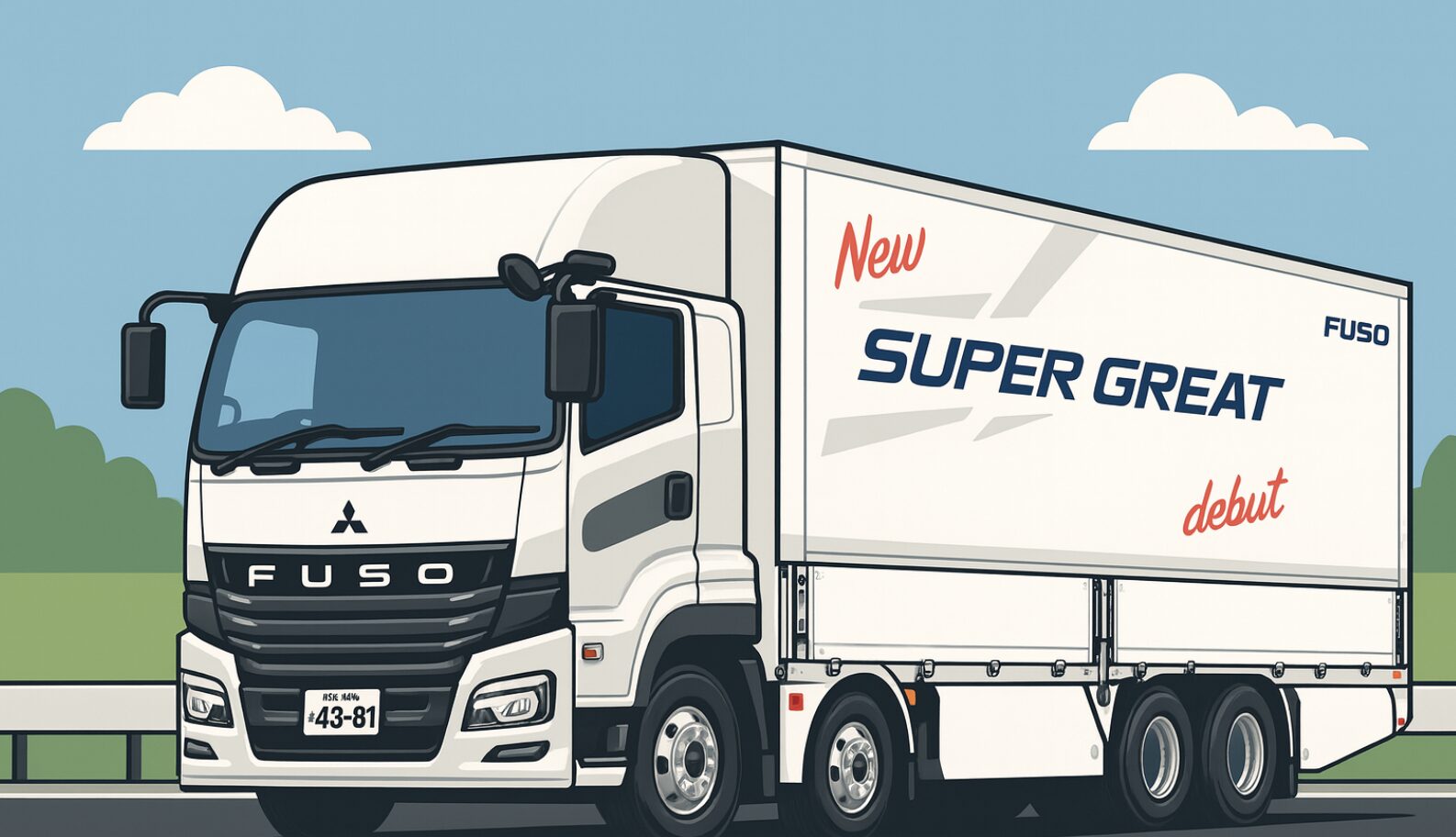 三菱ふそうスーパーグレートの大型トラック。40代や50代でも長距離トラック運転手に転職できることをイメージしたイラスト。