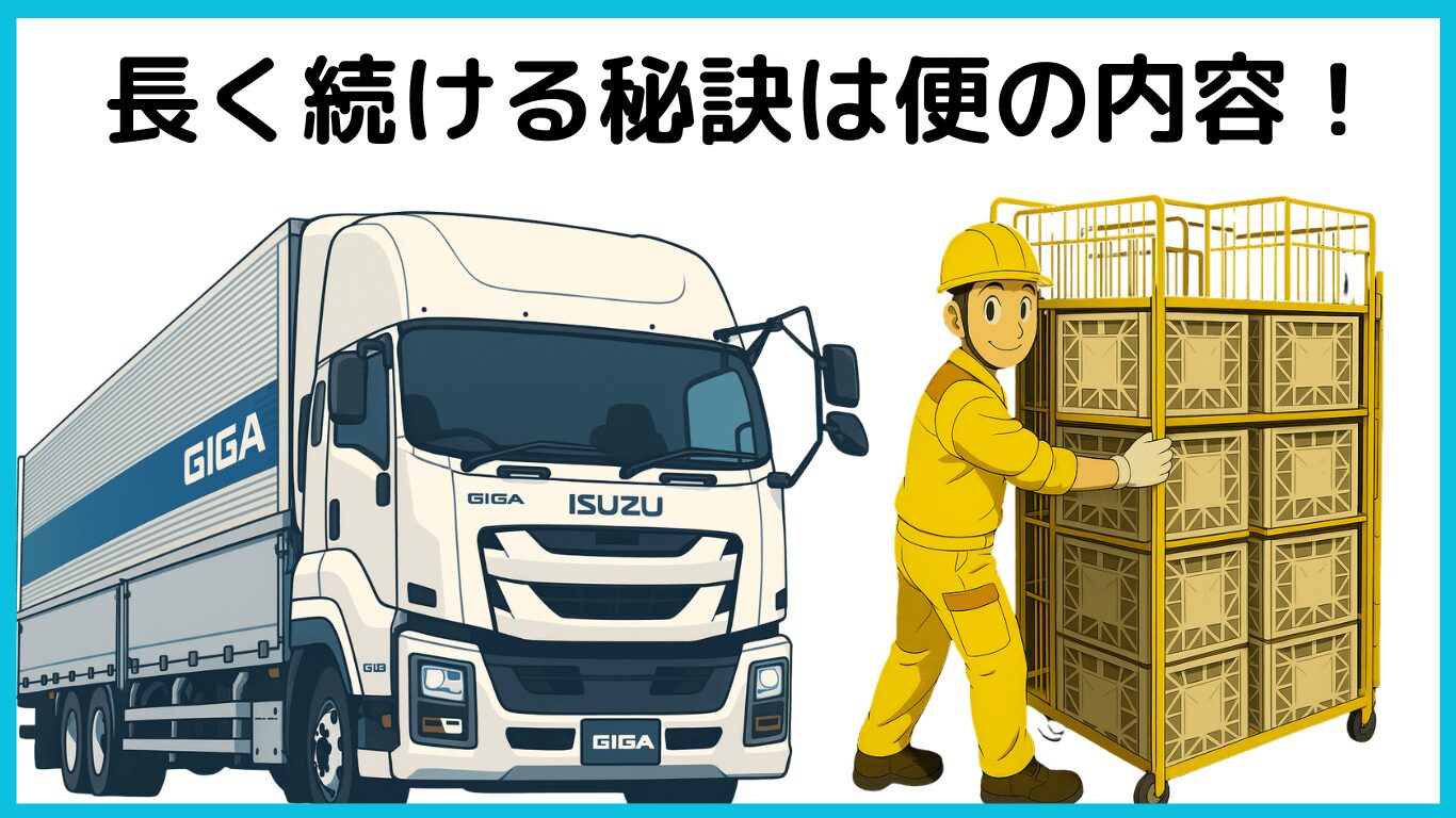 大型トラックとカゴ台車を押す作業員のイラスト|長距離トラック運転手が長く続けられる秘訣は会社選びより便の内容であることを示す図