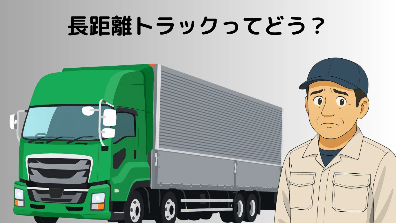 長距離トラック運転手って実際どう?疑問を抱えるドライバーと大型トラックのイラスト