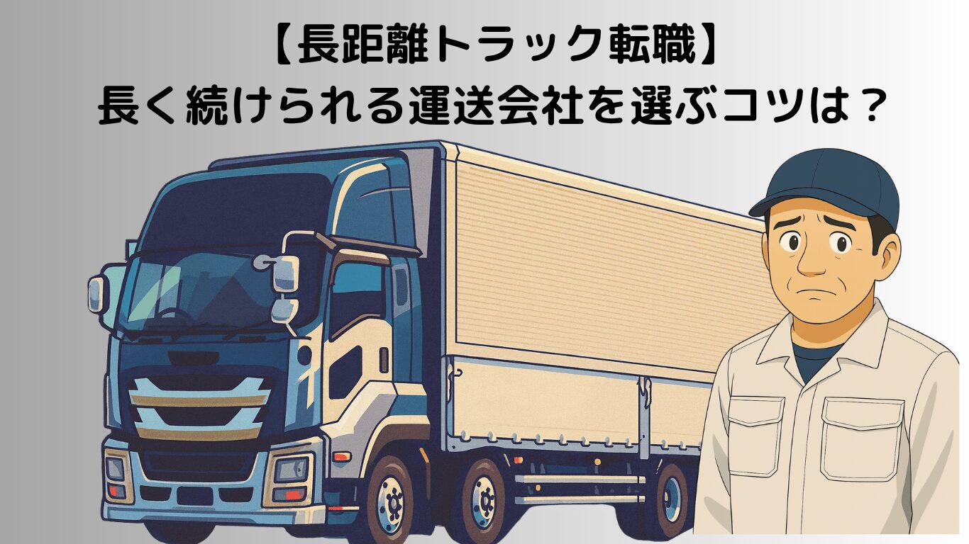 40代や50代のドライバーが長く続けやすい長距離トラック運送会社を選ぶためのコツを解説するイラスト。