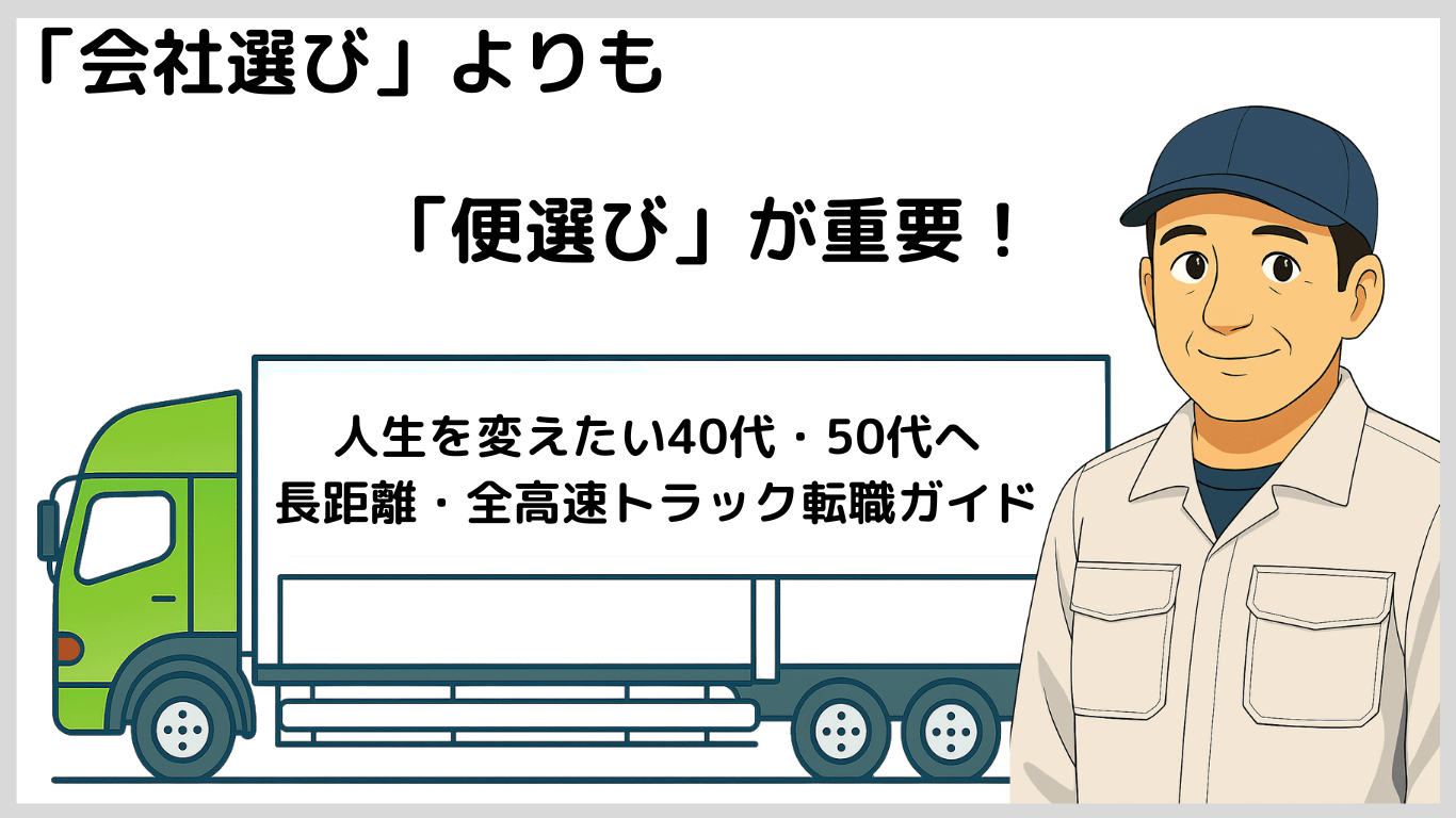 会社選びよりも便選びが重要であることを解説する長距離トラック運転手のイラスト。どの会社に入るかより、どの便を担当するかが収入や働きやすさに直結することを示す。