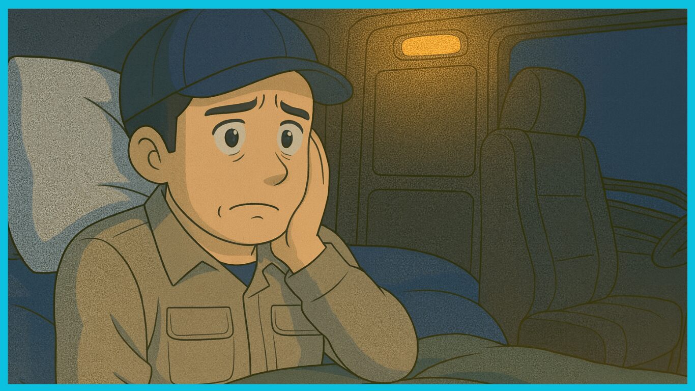 深夜にトラックの中で眠れず不安そうにしている長距離ドライバーのイラスト
