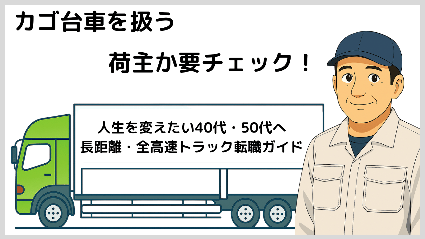 長距離トラック運転手の会社選びで重要なポイント、カゴ台車を扱う荷主かどうかを確認することを解説するイラスト。