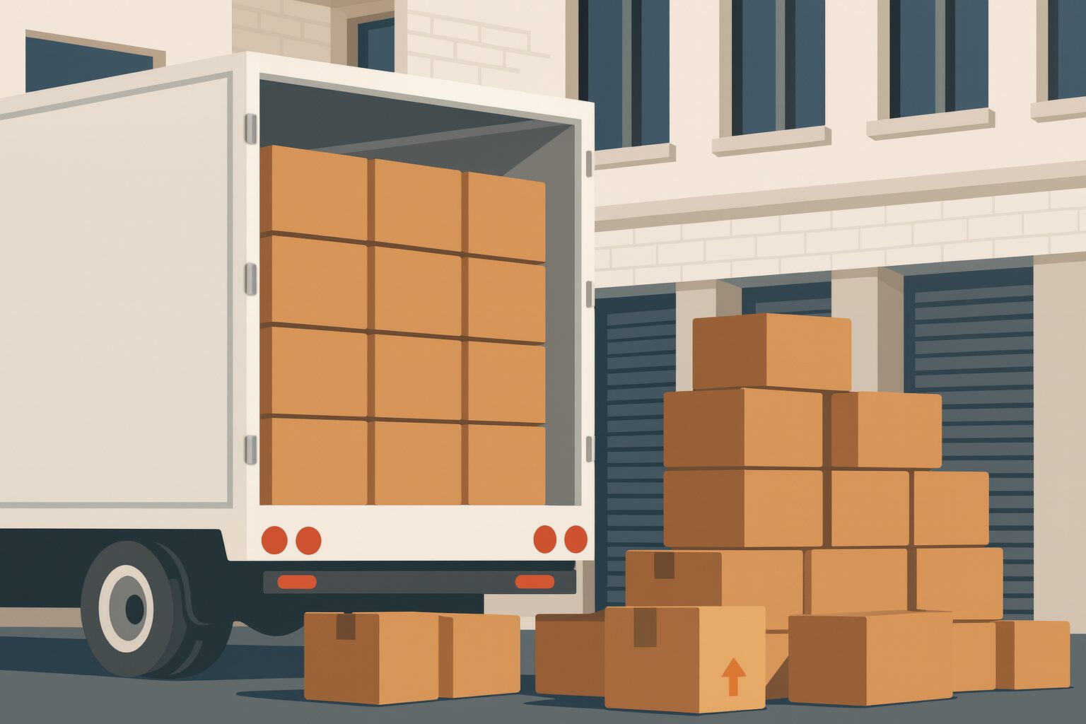 大型トラックに段ボールが整然と積まれている様子。バラ積みやバラ降ろし