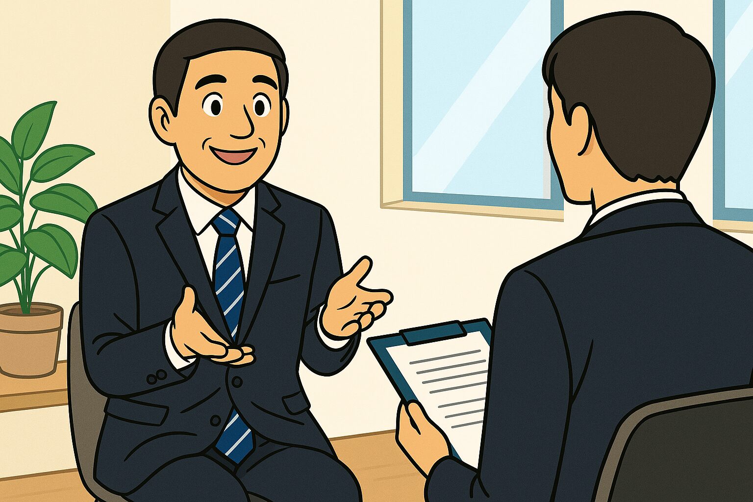 長距離トラック運転手の面接対策や退職サポートをイメージしたスーツ姿での面接シーン