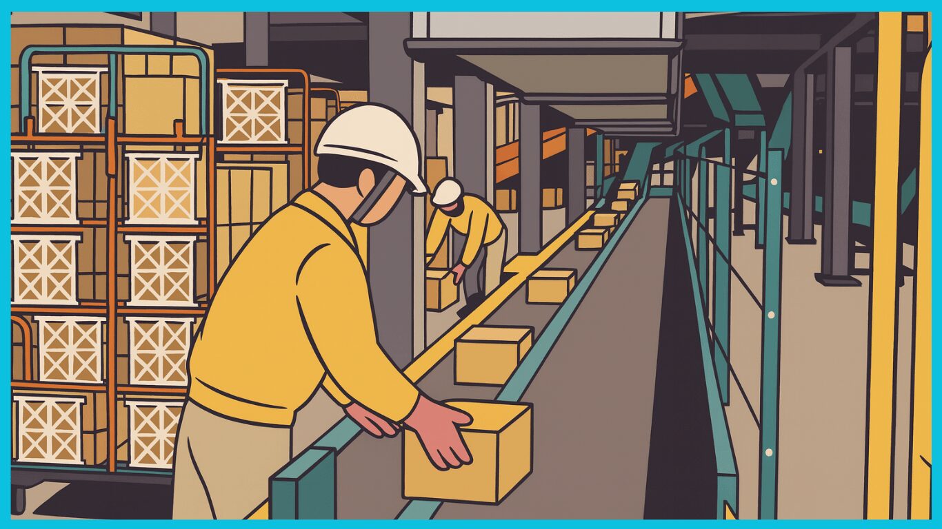 倉庫で作業員が荷物をカゴ台車に積み込む様子|宅配・通販系の現場で行われる荷物仕分け作業