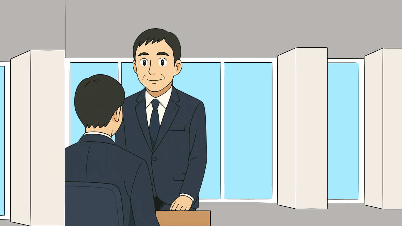 面接でスーツ姿の男性が清潔感のある印象を与えているイラスト。服装マナーや第一印象の大切さを表現。