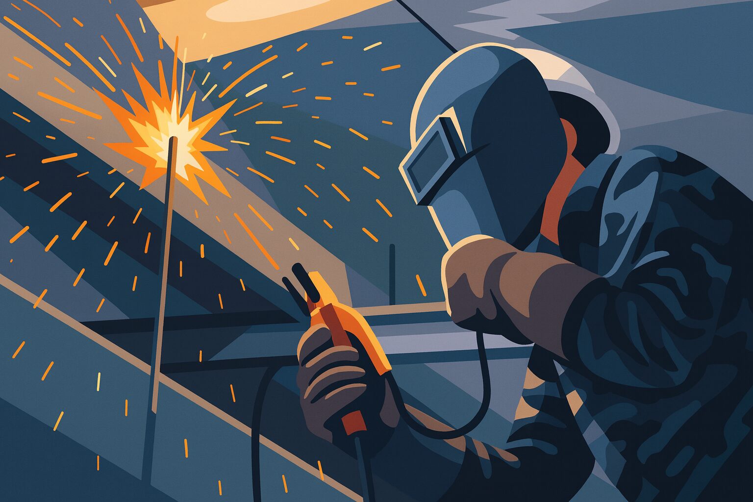 製造現場で溶接作業を行う作業員のイラスト。製造業や現場仕事の経験を表す場面として使用。