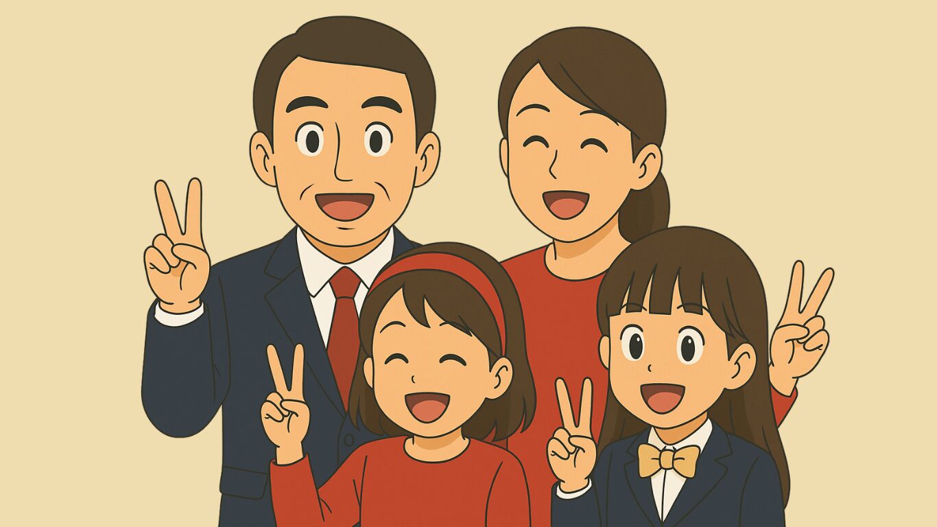 スーツを着た家族が笑顔で並んでいるイラスト。子どもの行事や面接時にスーツを着る家庭のイメージ。