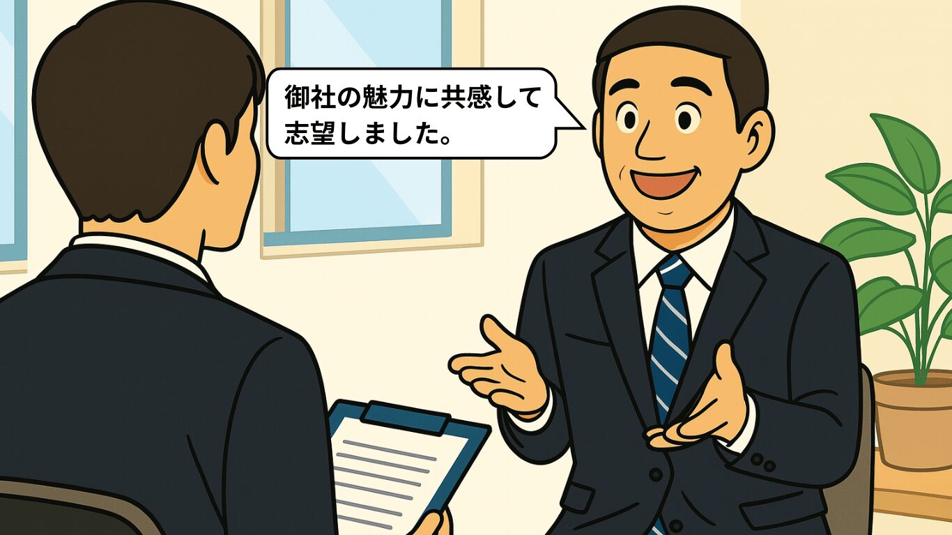 面接で「御社の魅力に共感して志望しました」と明るく伝えるスーツ姿の男性。志望動機を具体的にアピールしている