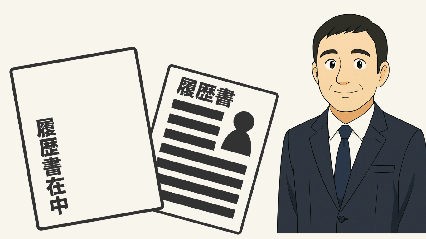 スーツ姿の男性が履歴書を準備しているイラスト。大手運送会社の面接対策や履歴書作成のポイントをイメージしたシーン。