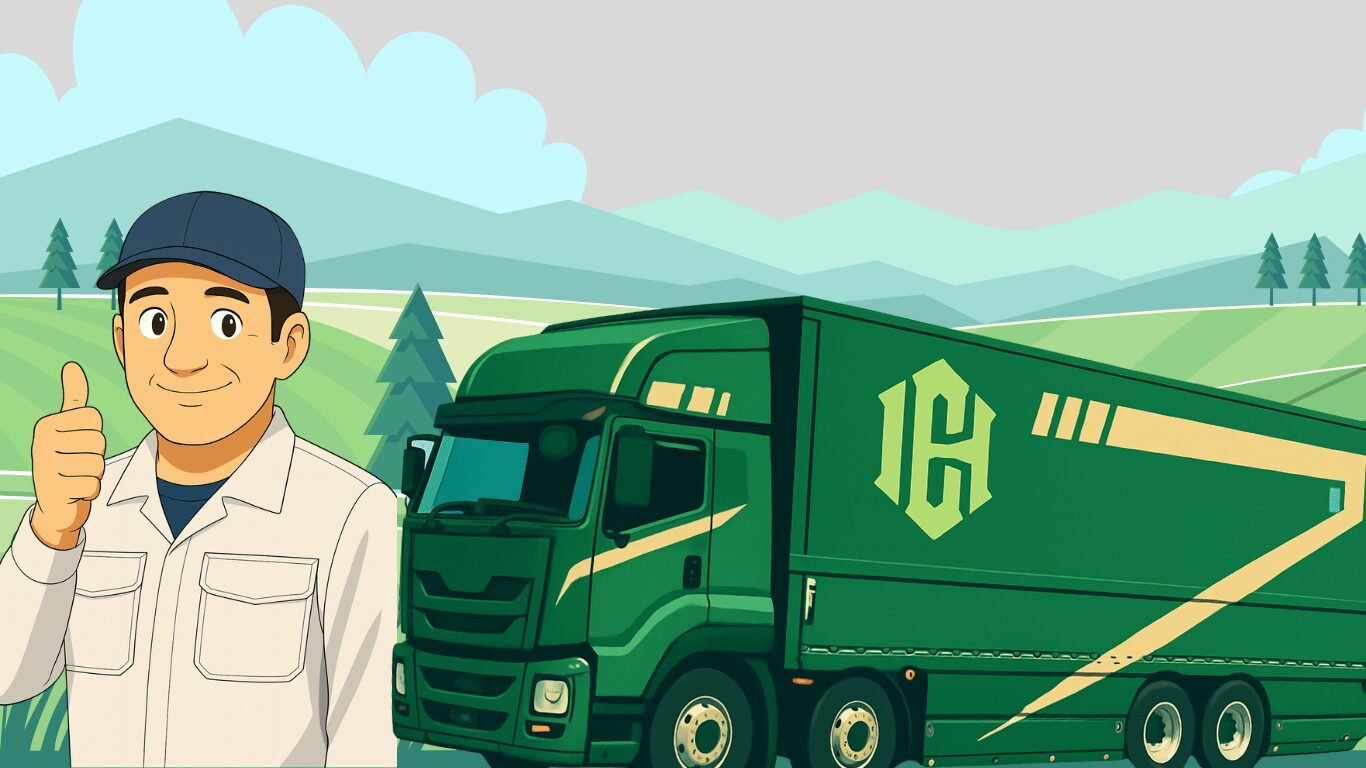 緑色の大型トラックと笑顔のドライバー。全国に営業所を持つ大手運送会社の長距離ドライバーのイメージ。