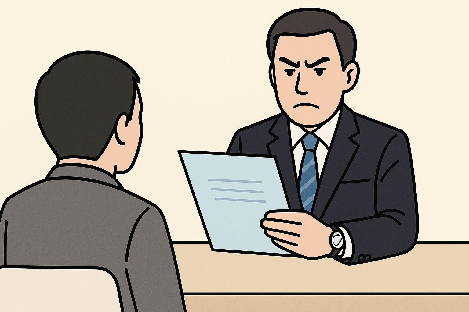 履歴書を確認しながら厳しい表情をしているスーツ姿の面接官のイラスト