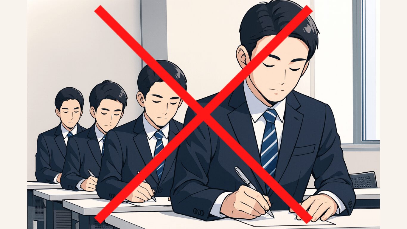 スーツ姿の男性たちが筆記試験を受けているイラストに赤いバツ印が描かれ、運送会社の面接では筆記試験がないことを示している。