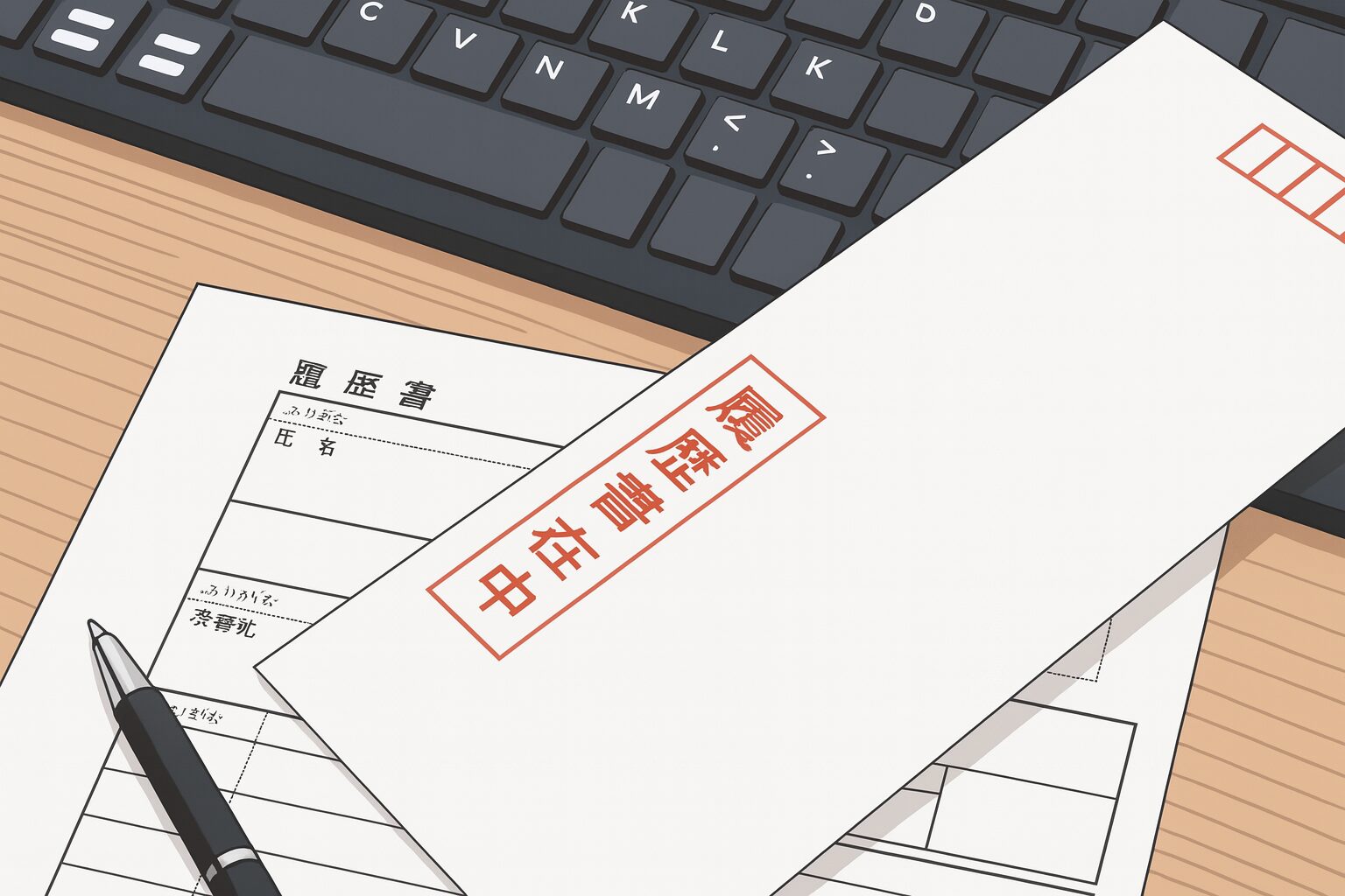 転職活動の第一歩として履歴書を封筒に入れて準備している様子。