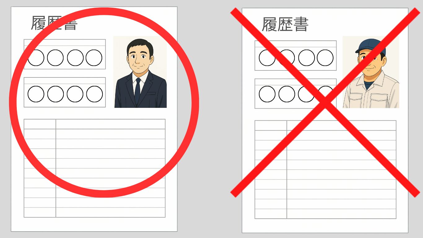 履歴書の証明写真で正しいスーツ姿と、NGな作業服・私服の比較。スーツは採用担当に好印象を与える。
