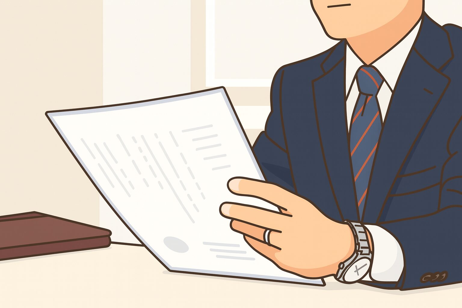 履歴書の志望動機を確認する面接官のイラスト。