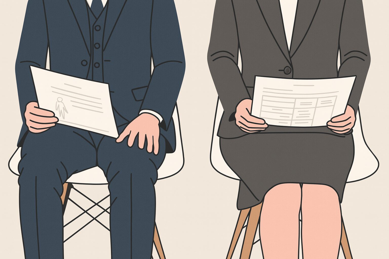 スーツ姿で履歴書の写真を撮影する男女のイラスト。清潔感があり、面接にふさわしい印象を与える服装例。