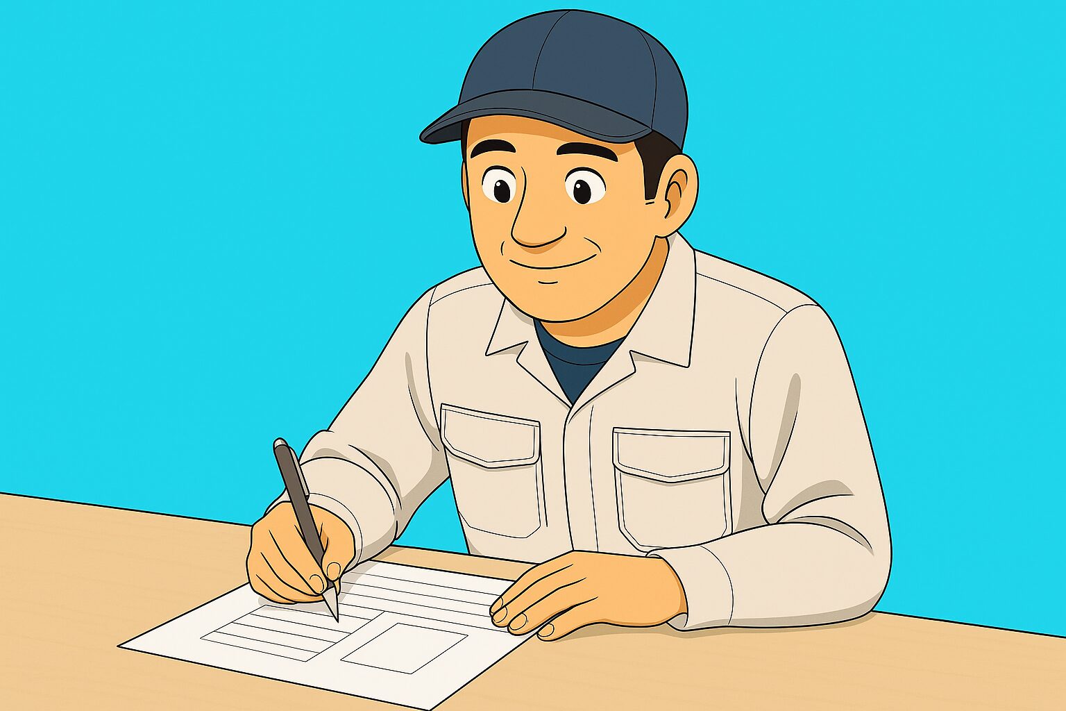 作業服姿の男性が机で履歴書を書いているイラスト。ノートパソコンとコーヒーカップが置かれた明るいオフィスで、丁寧に記入している様子。