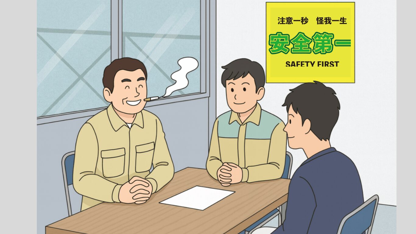 作業服姿の面接官と応募者が会話しているイラスト。小規模な運送会社でのカジュアルな面接の様子を表現。
