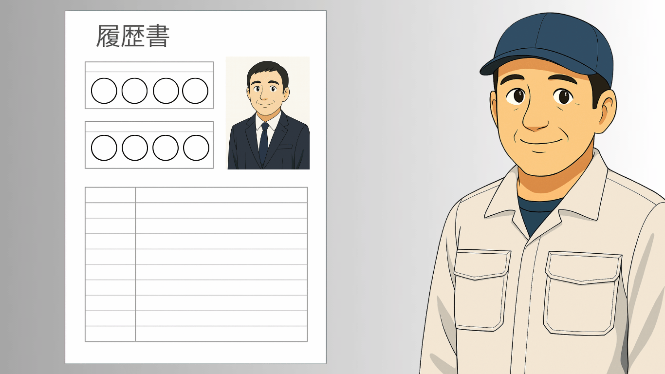 スーツ姿の男性が履歴書を手に持ち、笑顔で面接に臨む様子を描いたイラスト。