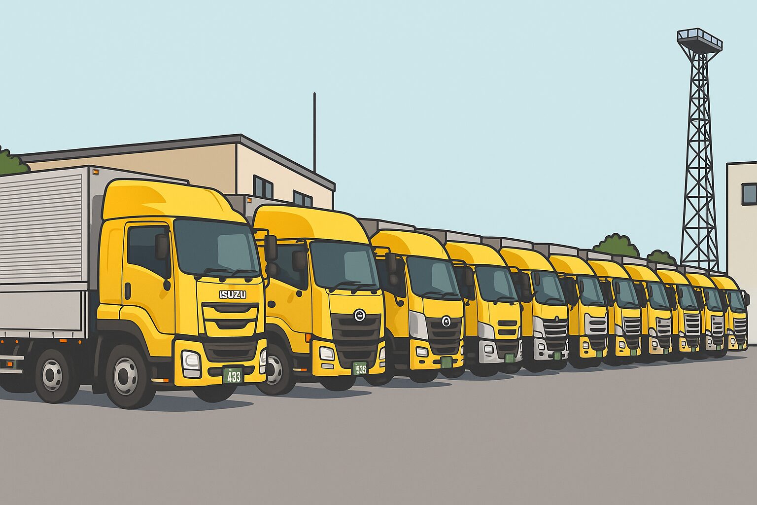 全国に営業所を持つ大手運送会社の黄色い大型トラックが整列している風景