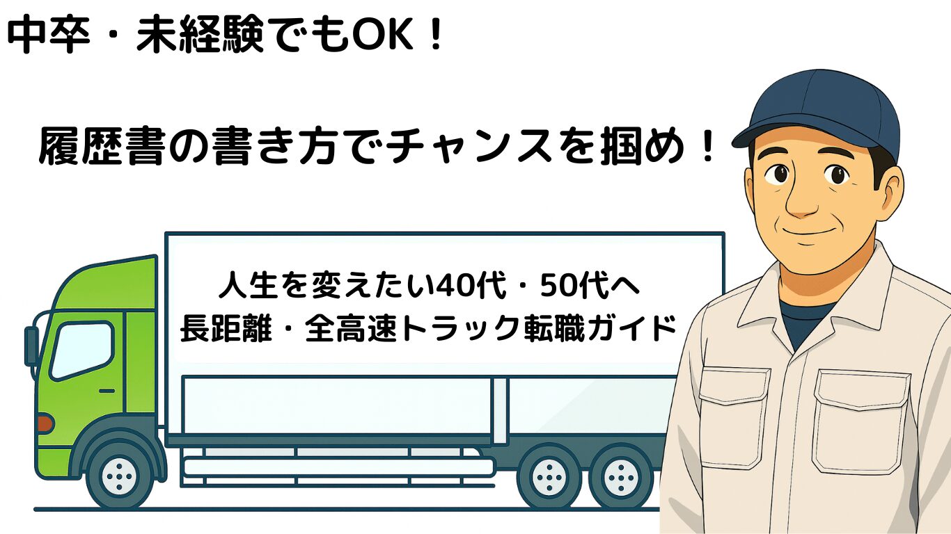 長距離トラック運転手の履歴書の書き方を解説するアイキャッチ画像。中卒や未経験でも大手運送会社に受かる方法を紹介。