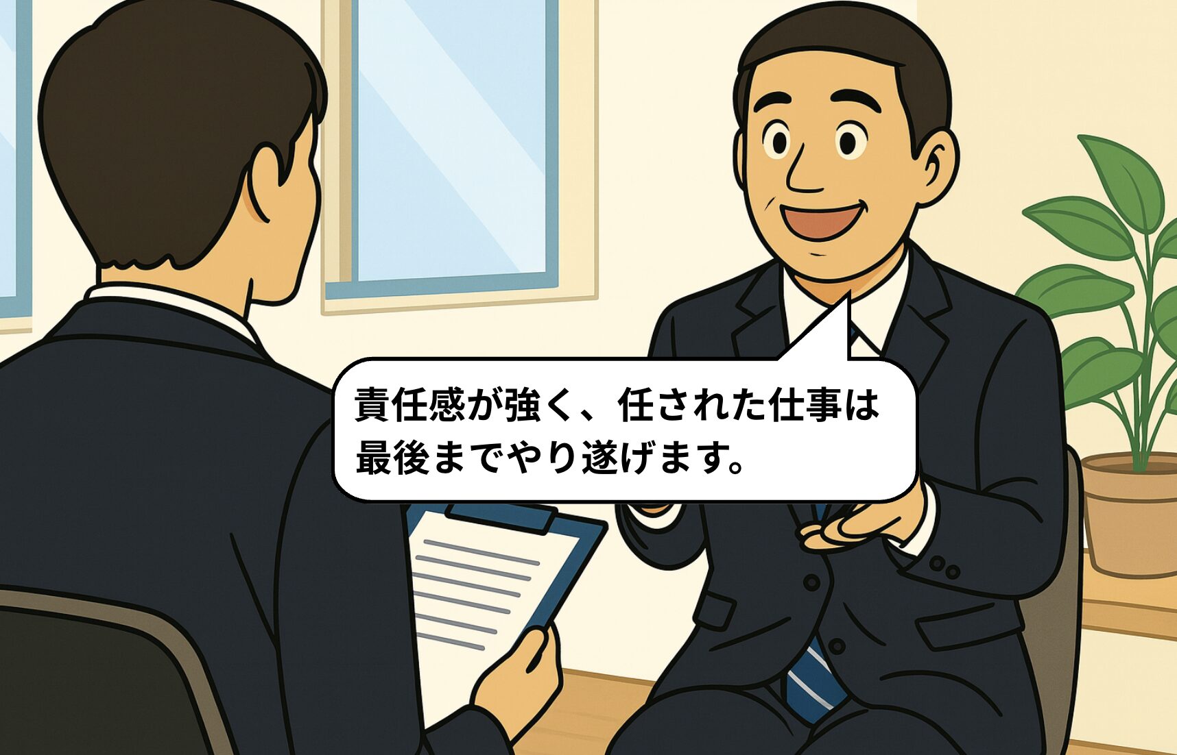 面接で「責任感が強く、任された仕事は最後までやり遂げます」と笑顔で答えるスーツ姿の男性。清潔感とアピール力を意識した受け答えの例。