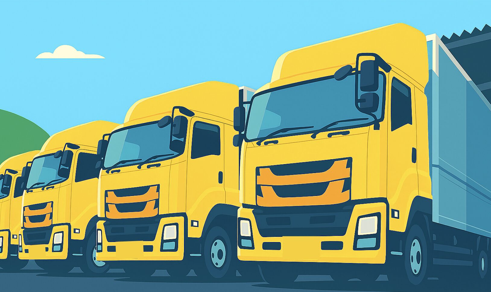 大手運送会社の営業所に並ぶ黄色い大型トラックのイラスト。安定した職場環境をイメージさせるシーン。