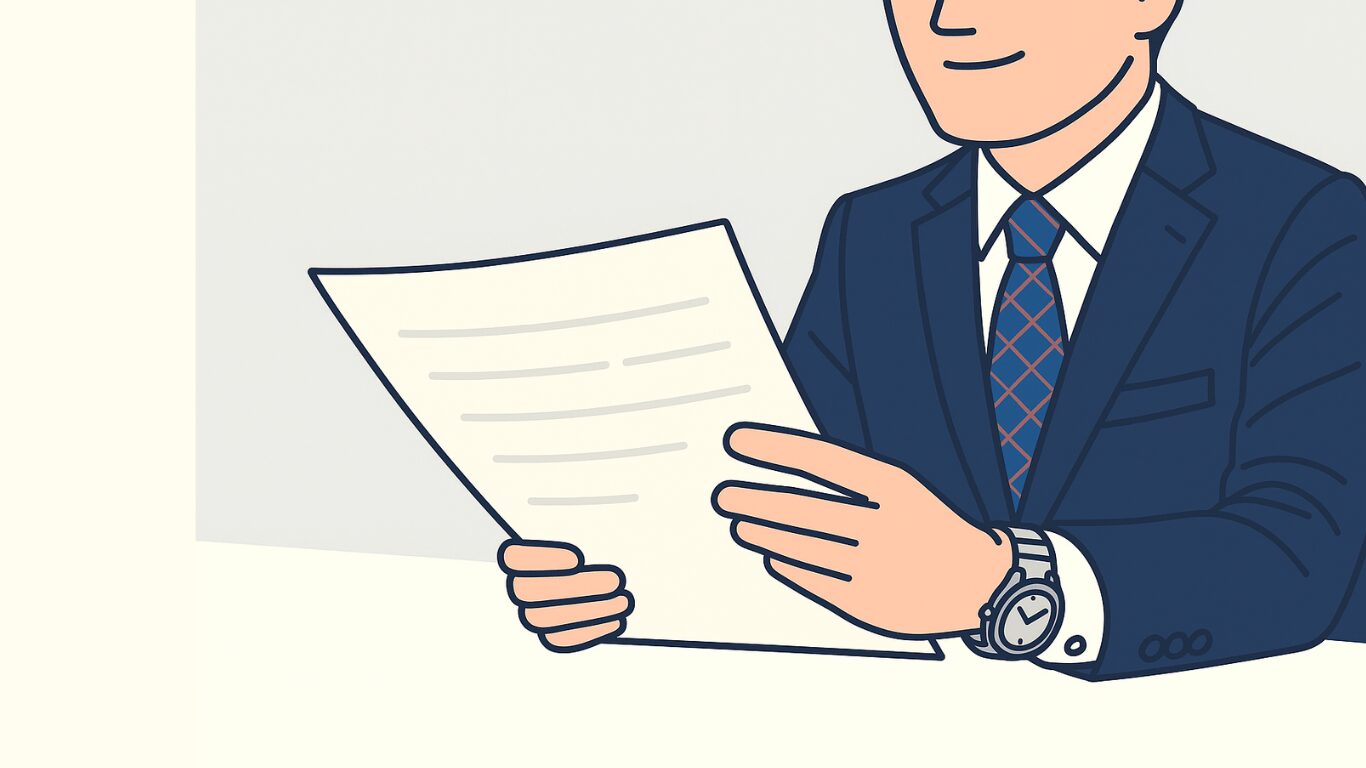 履歴書を確認する面接官のイラスト。穏やかな表情の男性がスーツ姿で資料を手にしている。