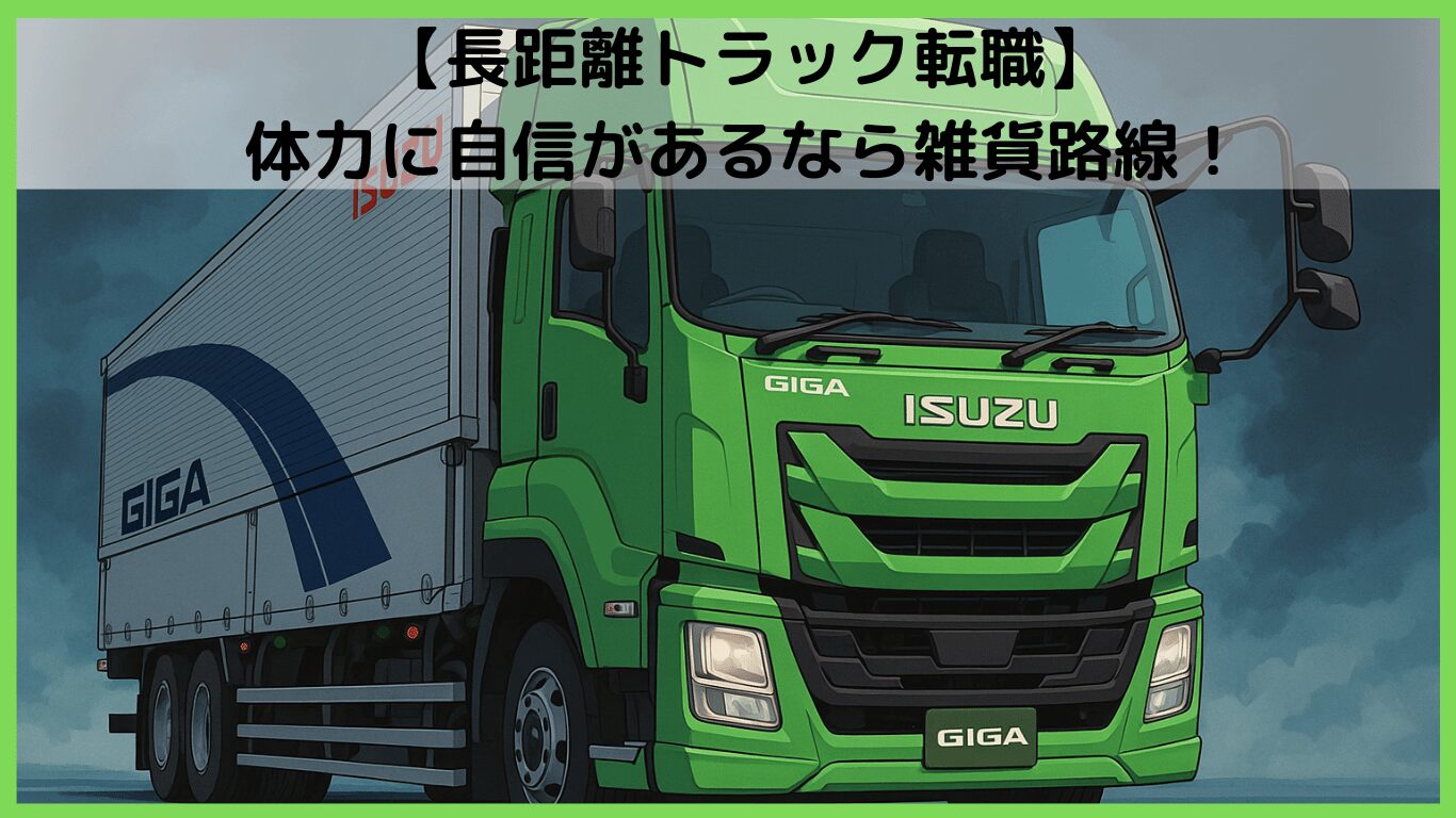 長距離トラック運転手で高収入を狙うなら雑貨路線がおすすめと伝えるイラスト。緑色の大型トラックが力強く走る姿を描いたイメージ。