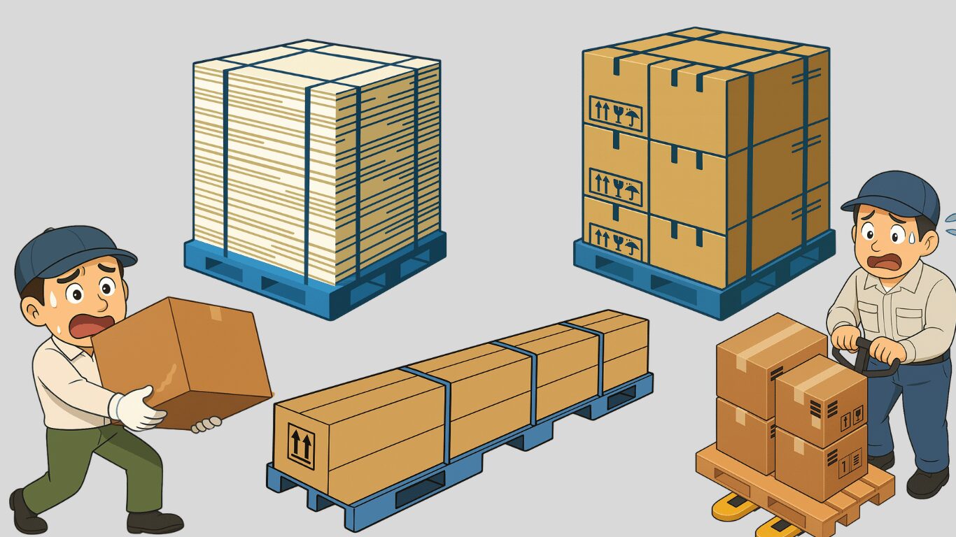 パレット積みとバラ積みの違いを示すイラスト。パレットにまとまった荷物と、バラバラの荷物を手積みする運転手の様子。