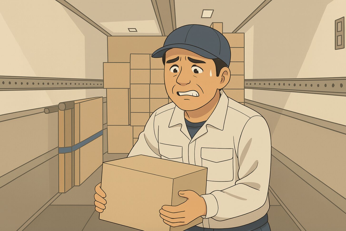 荷室で多くの段ボールを手積みするドライバーが負担を感じている様子のイラスト