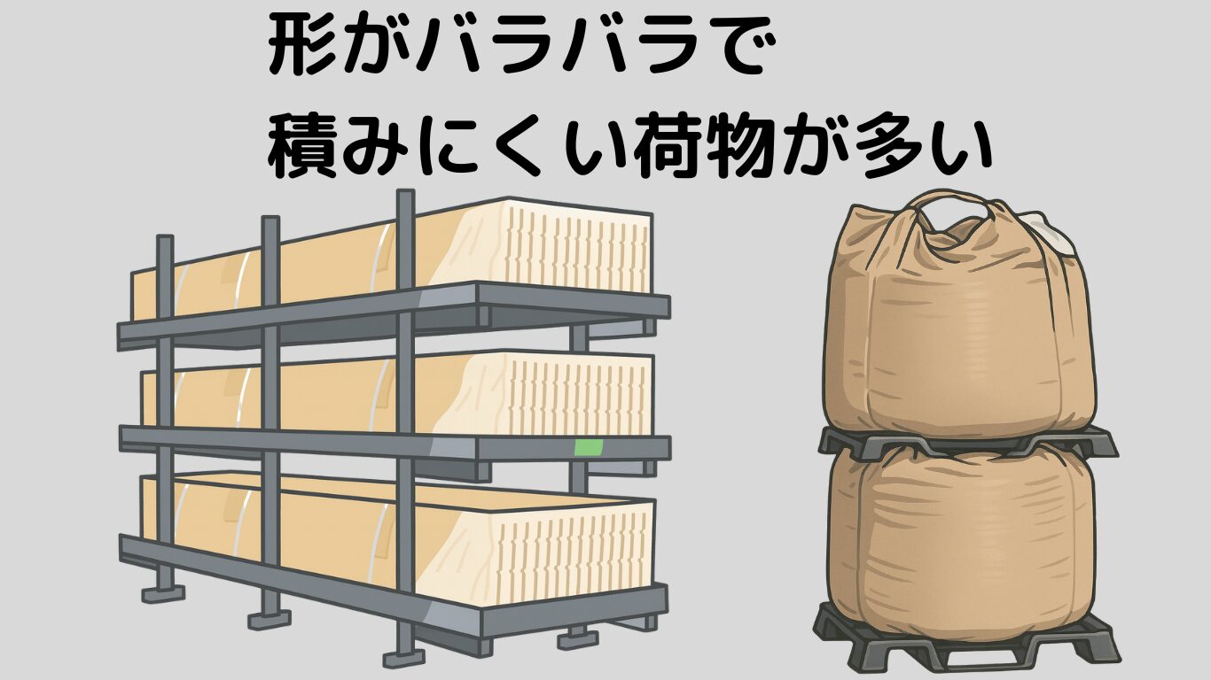 形がバラバラで積みにくい荷物のイラスト。長尺物や不定形の荷物など、雑貨路線で積み込みが難しい荷物