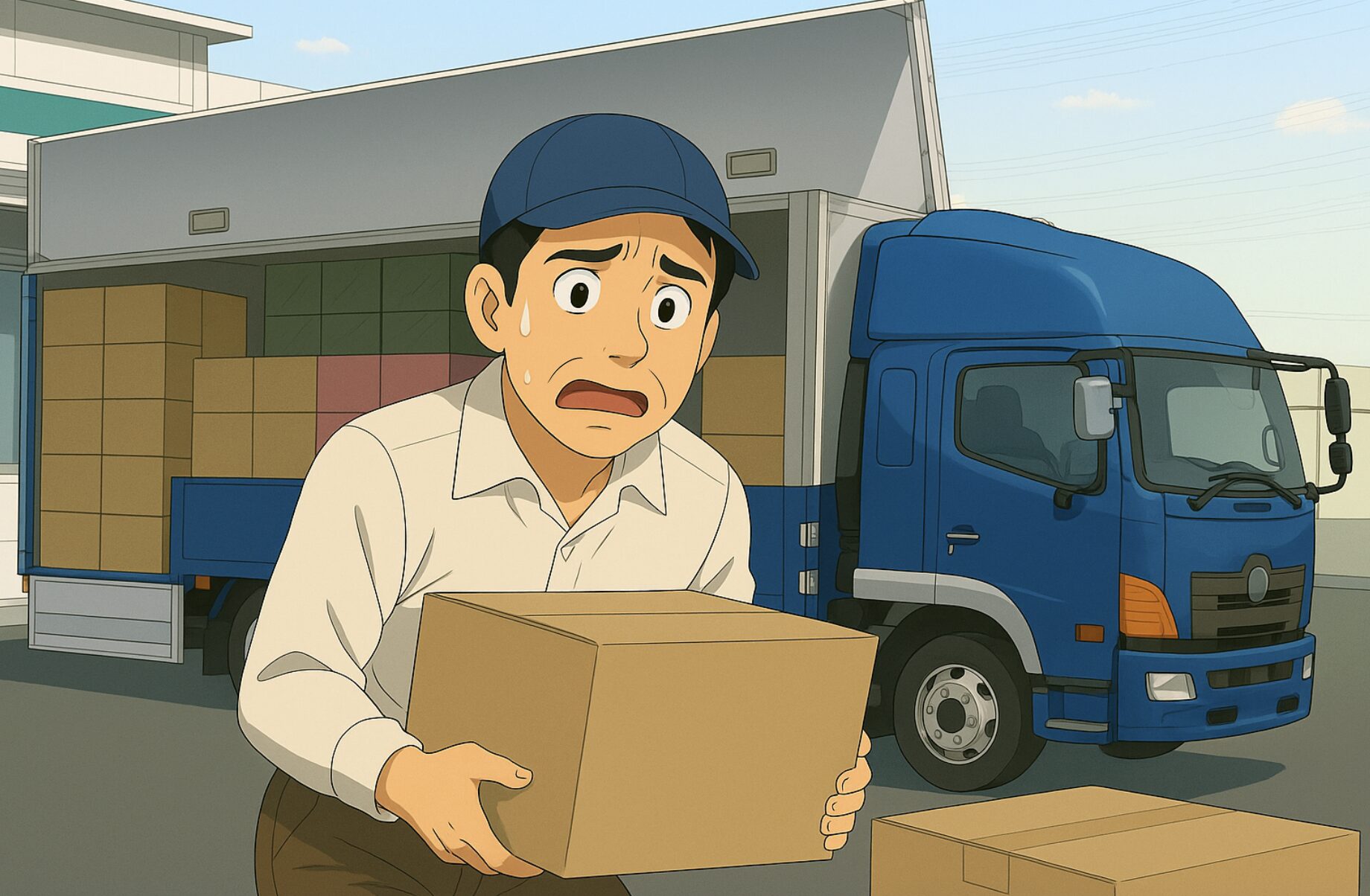 段ボールを手積みするトラック運転手のイラスト。バラ積み作業が多く大変な様子を表現している。