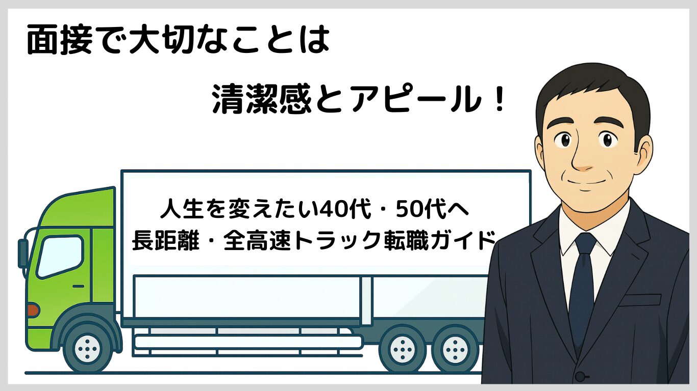 スーツ姿の男性ドライバーがトラックの前で笑顔を見せるイラスト。長距離トラック運転手の面接で清潔感とアピールが大切であることを伝える