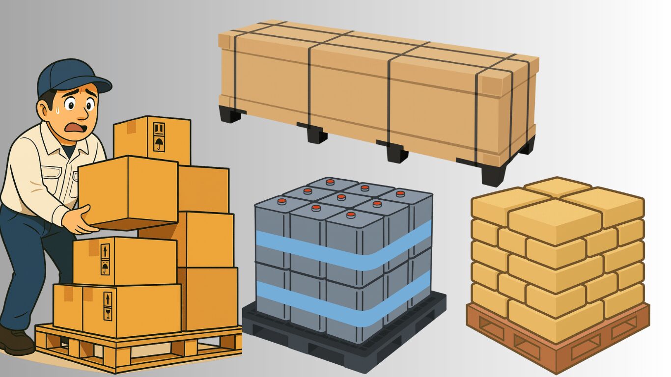 フォークリフトで積んだパレットの上にバラ積みを重ねる作業のイラスト。体力的にきつく、慣れるまで時間がかかる積み込み作業