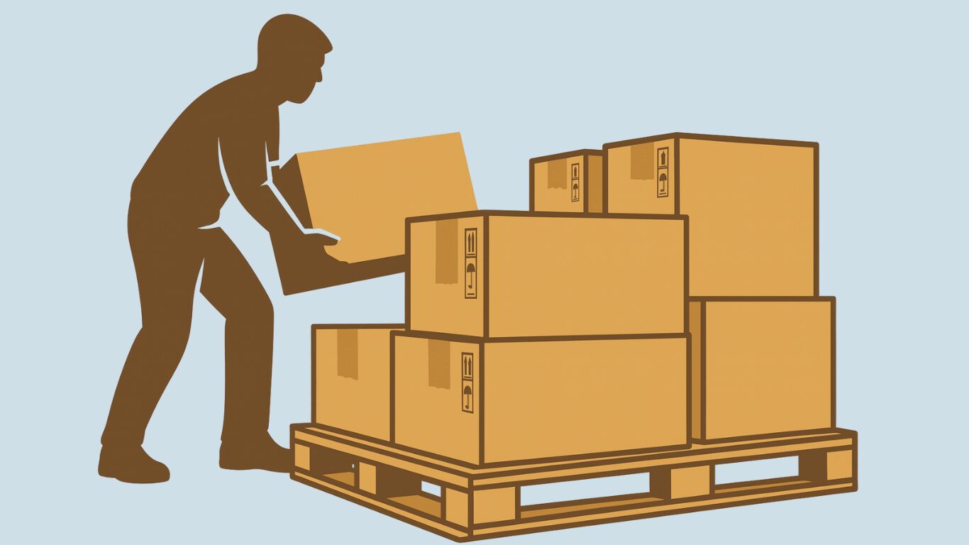 段ボール箱をパレットに積み上げる作業のイラスト。積みにくい荷物のためバランスを崩しやすく、荷物破損のリスクがある様子