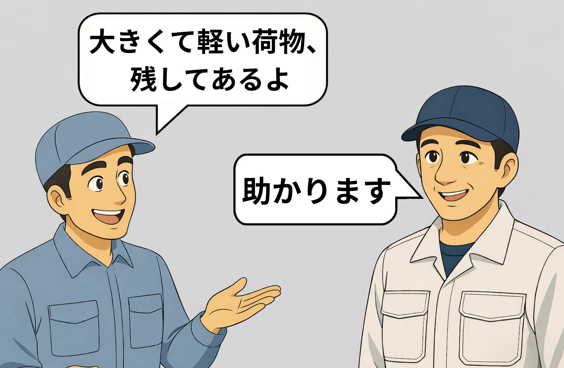 カゴ台車運行で、荷主が大きくて軽い荷物を配慮してくれる様子の図解