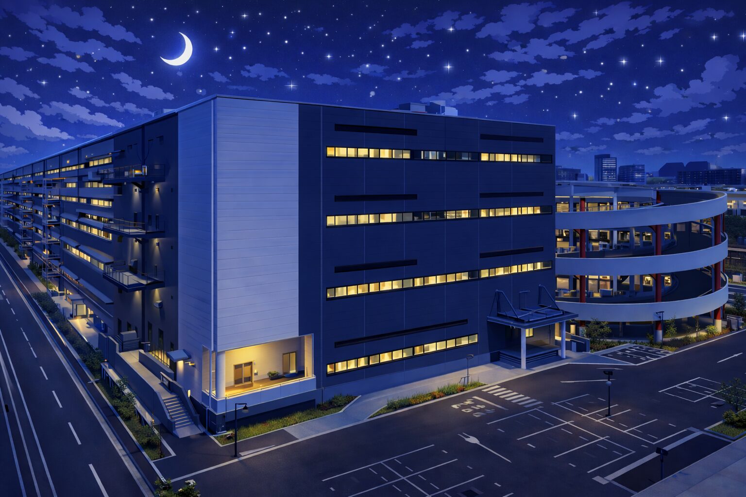 深夜2時頃に埼玉の拠点倉庫へ到着し、カゴ台車で荷下ろしを行うトラック運行のイラスト