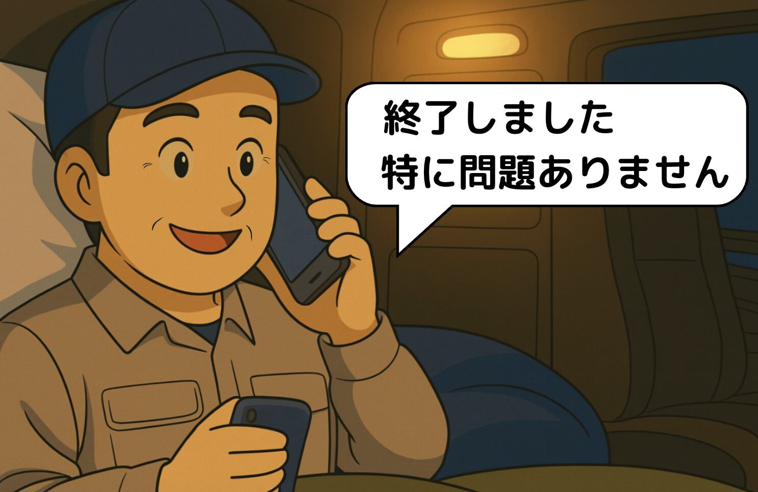 高坂SAで終了点呼を行い、電話で報告する長距離トラック運転手のイラスト