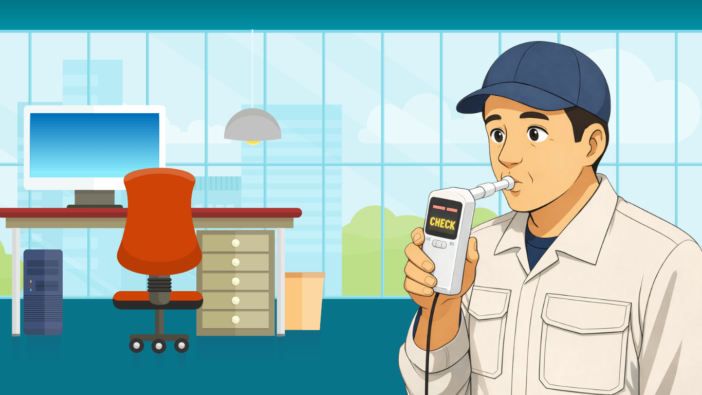 出社後にアルコールチェックを行い、開始点呼を受ける長距離トラック運転手の様子