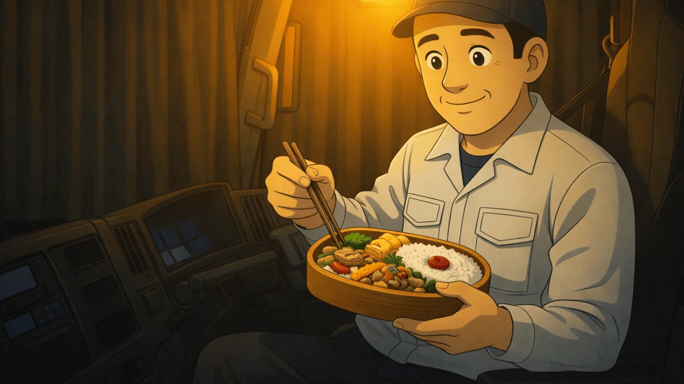 長距離トラック運転手が休息時間に車内で愛妻弁当の夕食をとっている様子