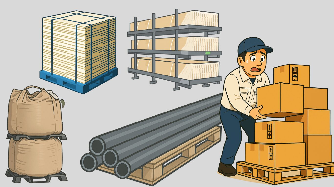 雑貨路線で荷物を積み込むトラックドライバーのイラスト。形や重さがバラバラな荷物を扱うため体力が必要だが、短期間で高収入を狙いやすい仕事の様子