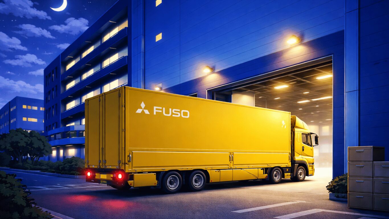 深夜2時30分頃、愛知県の拠点倉庫で大型トラックが荷下ろしを行っている様子