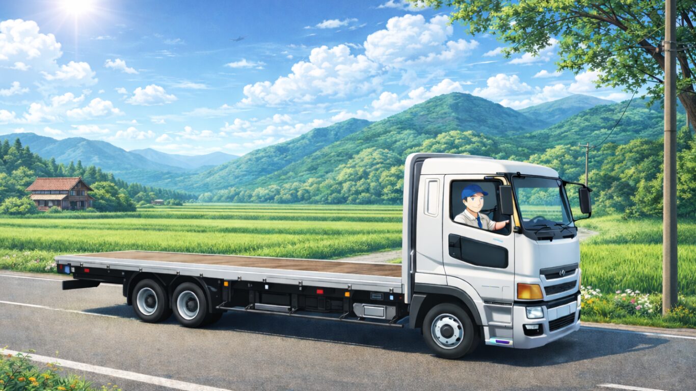 田舎道を走る平ボディ大型トラックのイラスト。