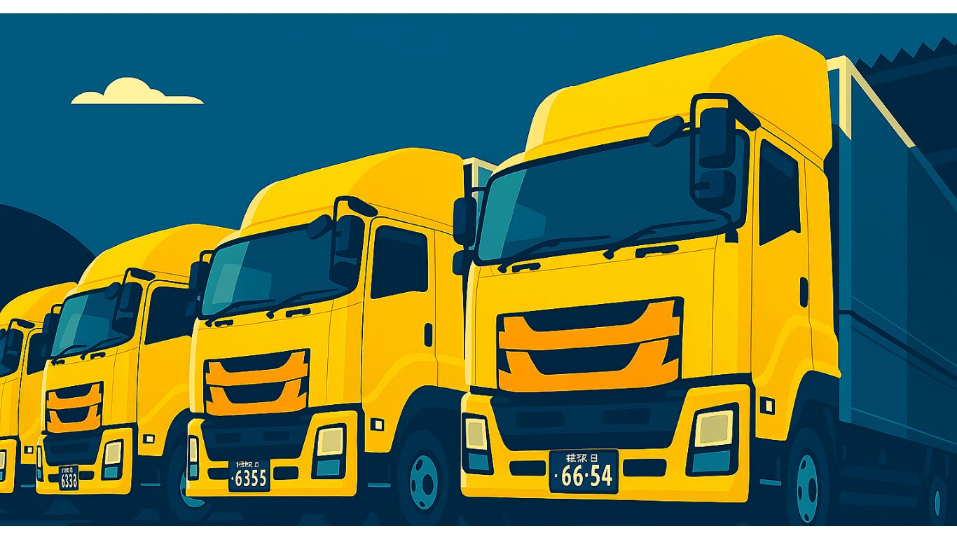 長距離トラック運転手が業務終了後に会社へ帰庫し、1日の仕事を終える様子の図解イラスト