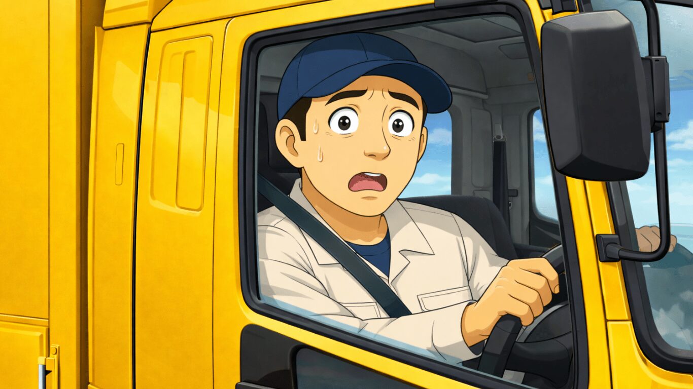 久しぶりに大型トラックの運転席に座り、その大きさに戸惑うドライバーのイラスト