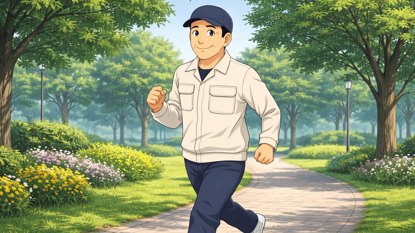 長距離トラック運転手が休息時間に昼間の公園をウォーキングしてリフレッシュしている様子