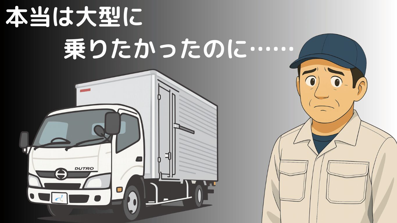 大型トラックに乗りたかったが2トン・4トン車に配属されて悩むトラック運転手のイラスト
